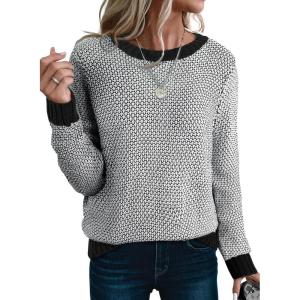 imageSidefeel Womens Long Sleeve Pullover Sweaters Casual Crewneck Chunky Knit Color Block Jumper TopsBlack