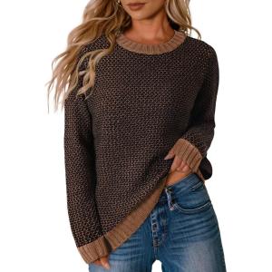 imageSidefeel Womens Long Sleeve Pullover Sweaters Casual Crewneck Chunky Knit Color Block Jumper TopsChestnut