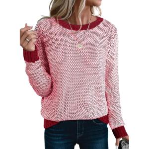 imageSidefeel Womens Long Sleeve Pullover Sweaters Casual Crewneck Chunky Knit Color Block Jumper TopsRed Dahlia