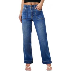 imageSidefeel Womens Wide Leg Jeans High Waisted Stretchy Tummy Control Straight Leg Denim PantsDark Blue