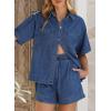 image:imageSidefeel Womens 2 Piece Sets Deim Summer Outfits Comfy Short Sleeve Button Down Shirt High Waisted Shorts Lounge SetsBlue