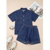 image:imageSidefeel Womens 2 Piece Sets Deim Summer Outfits Comfy Short Sleeve Button Down Shirt High Waisted Shorts Lounge SetsDark Blue