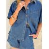 image:imageSidefeel Womens 2 Piece Sets Deim Summer Outfits Comfy Short Sleeve Button Down Shirt High Waisted Shorts Lounge SetsLight Blue
