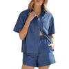 image:imageSidefeel Womens 2 Piece Sets Deim Summer Outfits Comfy Short Sleeve Button Down Shirt High Waisted Shorts Lounge SetsBlue