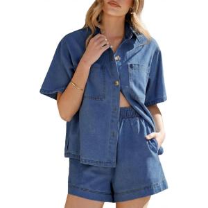 image:imageSidefeel Womens 2 Piece Sets Deim Summer Outfits Comfy Short Sleeve Button Down Shirt High Waisted Shorts Lounge SetsBlue