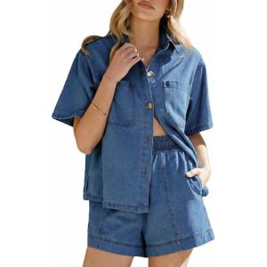 image:imageSidefeel Womens 2 Piece Sets Deim Summer Outfits Comfy Short Sleeve Button Down Shirt High Waisted Shorts Lounge SetsLight Blue