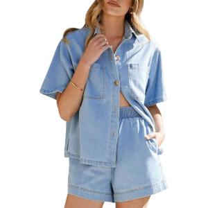 image:imageSidefeel Womens 2 Piece Sets Deim Summer Outfits Comfy Short Sleeve Button Down Shirt High Waisted Shorts Lounge SetsSky Blue