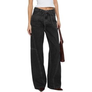 image:imageSidefeel Womens Wide Leg Jeans Low Waisted Stretchy Drawstring Puton Denim PantsBlack