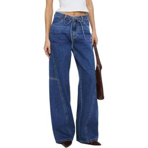 image:imageSidefeel Womens Wide Leg Jeans Low Waisted Stretchy Drawstring Puton Denim PantsDark Blue