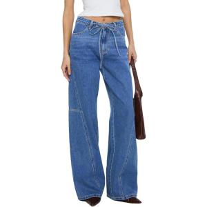 image:imageSidefeel Womens Wide Leg Jeans Low Waisted Stretchy Drawstring Puton Denim PantsLight Blue