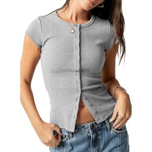 image:imageSidefeel Summer Tops for Women 2026 Cap Sleeve Ribbed Button Down Crewneck Slim Fitted Cute Going Out TopsGray
