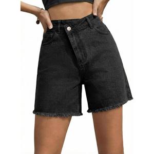 image:imageSidefeel Womens Jean Shorts High Waisted Stretchy Bermuda Raw Hem Denim Summer ShortsBlack
