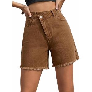 image:imageSidefeel Womens Jean Shorts High Waisted Stretchy Bermuda Raw Hem Denim Summer ShortsBrown