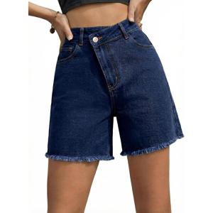 image:imageSidefeel Womens Jean Shorts High Waisted Stretchy Bermuda Raw Hem Denim Summer ShortsDark Blue
