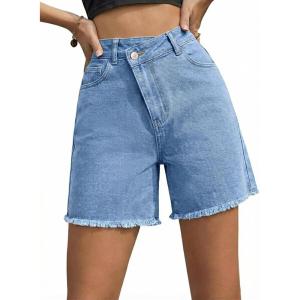 image:imageSidefeel Womens Jean Shorts High Waisted Stretchy Bermuda Raw Hem Denim Summer ShortsSky Blue