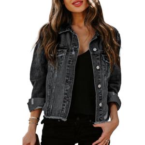 image:imageSidefeel Womens Denim Jacket Long Sleeve Button Distressed Ripped Zimbaplatinum Jean CoatA Black