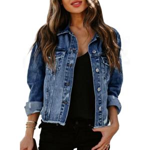 image:imageSidefeel Womens Denim Jacket Long Sleeve Button Distressed Ripped Zimbaplatinum Jean CoatBluing