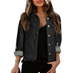 image:imageSidefeel Womens Denim Jacket Long Sleeve Button Distressed Ripped Zimbaplatinum Jean CoatDeep Black