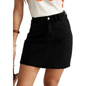 image:imageSidefeel Womens Summer Jean Skirt 2026 High Waist Button Stretch Knee Length Denim SkortBlack