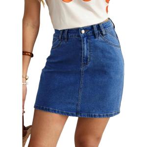 image:imageSidefeel Womens Summer Jean Skirt 2026 High Waist Button Stretch Knee Length Denim SkortDark Blue