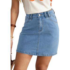 image:imageSidefeel Womens Summer Jean Skirt 2026 High Waist Button Stretch Knee Length Denim SkortIceland Blue