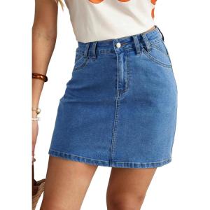 image:imageSidefeel Womens Summer Jean Skirt 2026 High Waist Button Stretch Knee Length Denim SkortLight Blue