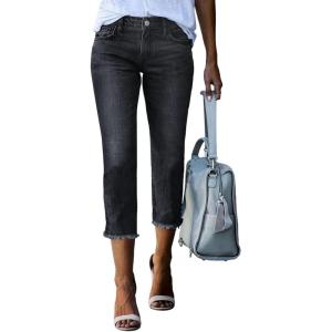 image:imageSidefeel Womens Capri Jeans High Waisted 2026 Summer Fashion Straight Leg Raw Hem Denim Capri PantsBlack