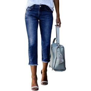 image:imageSidefeel Womens Capri Jeans High Waisted 2026 Summer Fashion Straight Leg Raw Hem Denim Capri PantsBlue