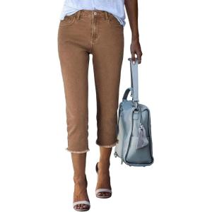 image:imageSidefeel Womens Capri Jeans High Waisted 2026 Summer Fashion Straight Leg Raw Hem Denim Capri PantsBrown