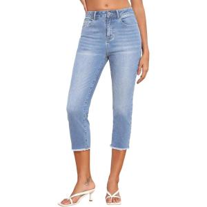 image:imageSidefeel Womens Capri Jeans High Waisted 2026 Summer Fashion Straight Leg Raw Hem Denim Capri PantsD Sky Blue