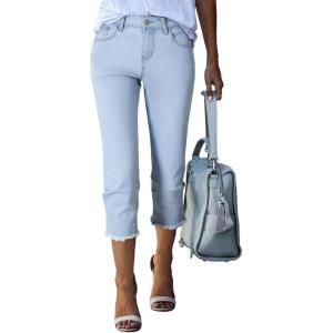 image:imageSidefeel Womens Capri Jeans High Waisted 2026 Summer Fashion Straight Leg Raw Hem Denim Capri PantsE Sky Blue