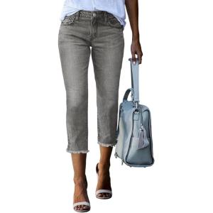 image:imageSidefeel Womens Capri Jeans High Waisted 2026 Summer Fashion Straight Leg Raw Hem Denim Capri PantsGray