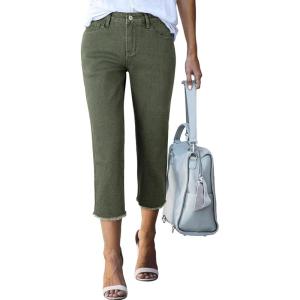 image:imageSidefeel Womens Capri Jeans High Waisted 2026 Summer Fashion Straight Leg Raw Hem Denim Capri PantsGreen