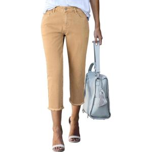 image:imageSidefeel Womens Capri Jeans High Waisted 2026 Summer Fashion Straight Leg Raw Hem Denim Capri PantsKhaki