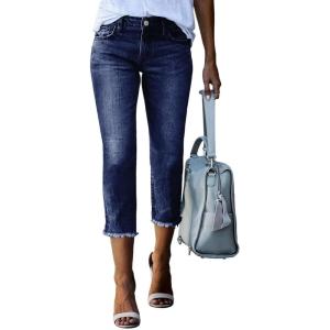 image:imageSidefeel Womens Capri Jeans High Waisted 2026 Summer Fashion Straight Leg Raw Hem Denim Capri PantsMedium Blue