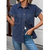 image:imageSidefeel Womens Button Down Denim Shirt Collared Short Sleeve Jean Shirt Blouse with PocketsDark Blue