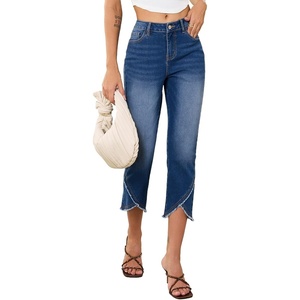 image:imageSidefeel Womens Jeans High Waisted Stretchy Cropped Skinny Jeans Trendy Cross Raw Hem Summer Capri Pants with PocketsBlue