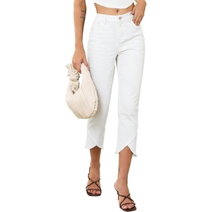 image:imageSidefeel Womens Jeans High Waisted Stretchy Cropped Skinny Jeans Trendy Cross Raw Hem Summer Capri Pants with PocketsCream White