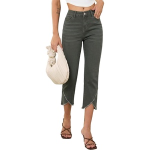 image:imageSidefeel Womens Jeans High Waisted Stretchy Cropped Skinny Jeans Trendy Cross Raw Hem Summer Capri Pants with PocketsGreen