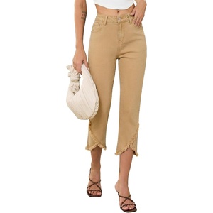 image:imageSidefeel Womens Jeans High Waisted Stretchy Cropped Skinny Jeans Trendy Cross Raw Hem Summer Capri Pants with PocketsKhaki