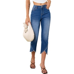 image:imageSidefeel Womens Jeans High Waisted Stretchy Cropped Skinny Jeans Trendy Cross Raw Hem Summer Capri Pants with PocketsLight Blue