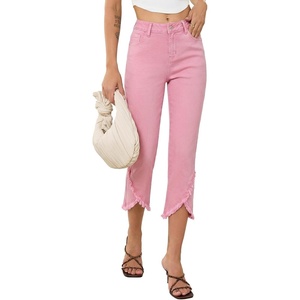 image:imageSidefeel Womens Jeans High Waisted Stretchy Cropped Skinny Jeans Trendy Cross Raw Hem Summer Capri Pants with PocketsPink