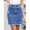 image:imageSidefeel Womens Jean Skirt Stretchy Ripped Frayed Button Fly Summer Denim SkirtDark Blue