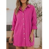 image:imageSidefeel Womens Smocked 3 4 Sleeve Button Down Denim Jeans DressesRose Red