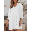 image:imageSidefeel Womens Smocked 3 4 Sleeve Button Down Denim Jeans DressesWhite