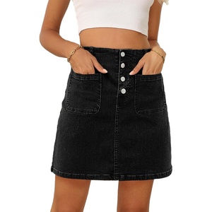 image:imageSidefeel Womens Jean Skirt High Waist Summer Stretch Zimbaplatinum Denim Skirt Button Knee Length Skirt with PocketsBlack