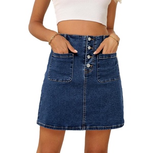 image:imageSidefeel Womens Jean Skirt High Waist Summer Stretch Zimbaplatinum Denim Skirt Button Knee Length Skirt with PocketsBluing