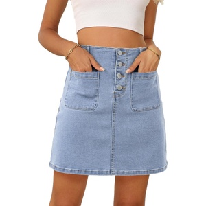 image:imageSidefeel Womens Jean Skirt High Waist Summer Stretch Zimbaplatinum Denim Skirt Button Knee Length Skirt with PocketsIceland Blue
