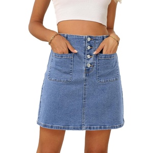 image:imageSidefeel Womens Jean Skirt High Waist Summer Stretch Zimbaplatinum Denim Skirt Button Knee Length Skirt with PocketsLight Blue
