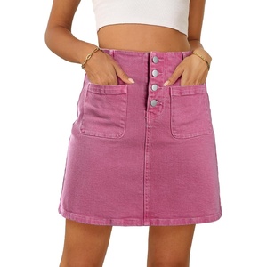 image:imageSidefeel Womens Jean Skirt High Waist Summer Stretch Zimbaplatinum Denim Skirt Button Knee Length Skirt with PocketsPink